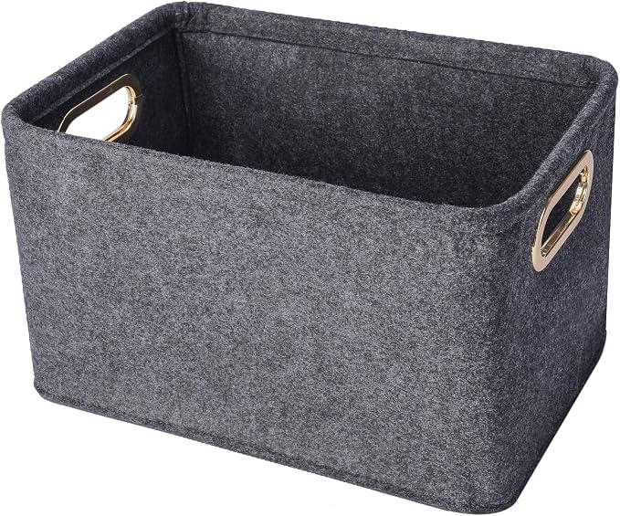 Collapsible Storage Bins Foldable Felt Fabric Storage Basket Organizer Boxes Containers with Handles Metal Handles for Nursery Toys,Kids Room,Clothes,Towels,Magazine (Dark grey）