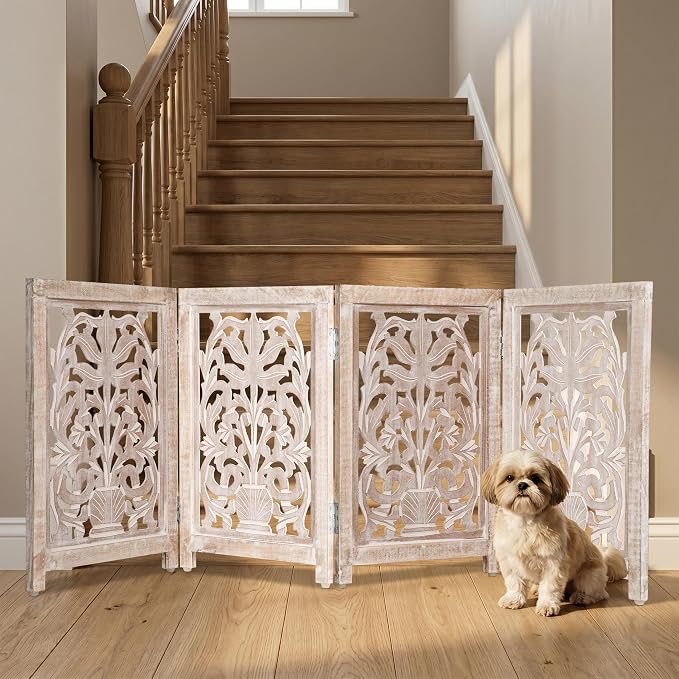 Lightnpro 4-Panel Carved Wooden Dog Gate with Stopper – 72 Inch Extra-Wide Foldable Freestanding Pet Barrier, White Wash Indoor Safety Fence for Small Dogs & Puppies – 24x18 Inch Panels