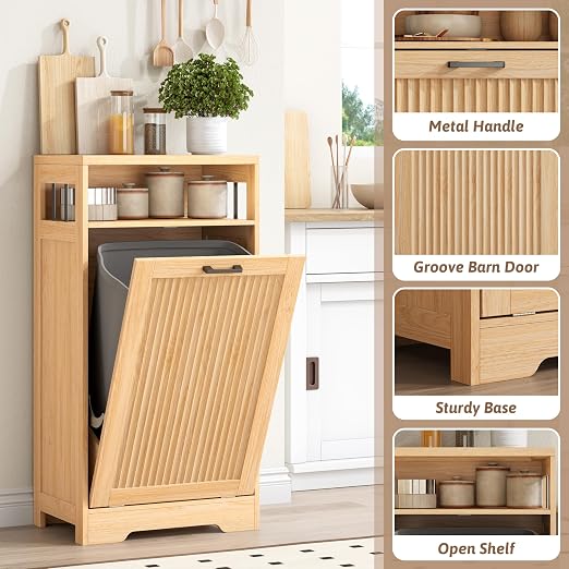 13 Gallon Tilt Out Trash Can Cabinet with Open Shelf & Storage - Pet Proof Hidden Recycling Cabinet & Wooden Laundry Hamper for Kitchen, Bathroom, Living Room,Natural Wood