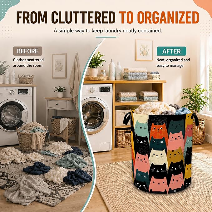 Cute Cat Laundry Basket,Large Collapsible Portable Round Laundry Hamper with Handles,Oxford Storage Bin for Clothes,Blankets,Bedroom,Bathroom