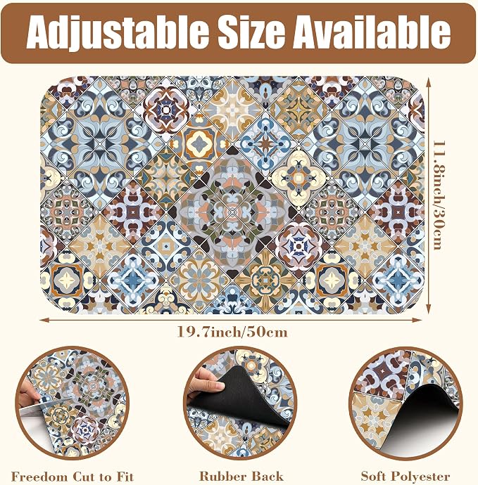 Retro Colorful Tiles Dish Drying Mat for Kitchen Counter Floral Coffee Mat Hide Stain Absorbent Drying Rack Pad with Rubber Backed Espresso Machine Coffee Bar Accessories 11.8 x 19.7 Inch