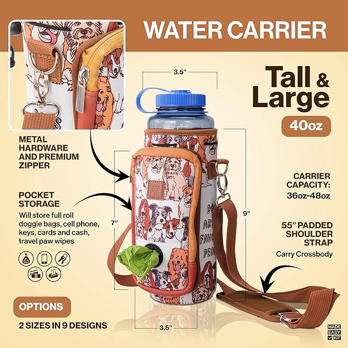 Made Easy Kit Water Bottle Carrier with Pocket for Dog Poop Waste Bags and Adjustable Padded Shoulder Strap (Tall & Large (40oz) with Bowl, Yellow, Paws & Hearts)