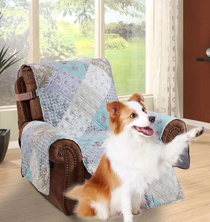 Brilliant Sunshine Blue & Green Roses Couch Recliner Cover, 28" seat | Quilted Sofa Cover, Living Room & Bedroom Furniture Protector, Large Washable Reclining Chair Slipcover for Pets, Dogs & Cats