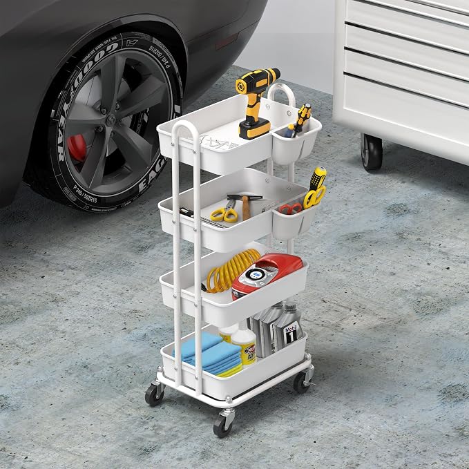 Simple Houseware 4-Tier Rolling Utility Cart with Hanging Bucket, White | Storage for Bathroom, Kitchen, Office, Study Room, Nursery Diaper