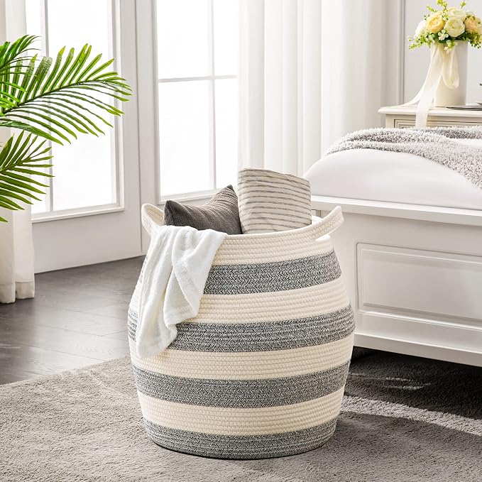 KAKAMAY Woven Baskets for Storage(17"x17"),Large Cotton Rope Basket Woven Baby Laundry Hamper,Collapsible Laundry Basket, Blanket Basket for Organizing Living Room,Nursery,Pillows,Toy Chest(Grey)