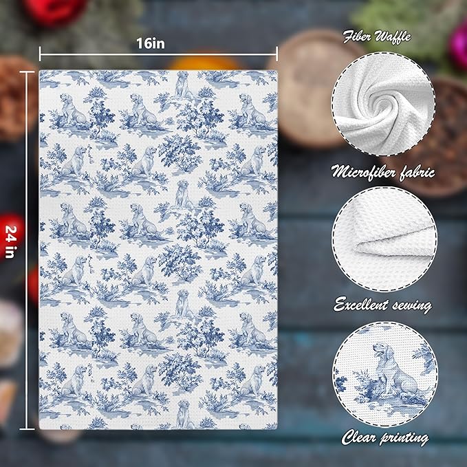 Chinoiserie Floral Golden Retriever Kitchen Towels, Blue and White Floral Golden Retriever Decorative Dish Tea Towels, Grandmillennial Botanical Dog Hand Towels for Kitchen Bathroom, 16x24 Inch