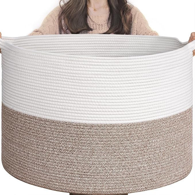 Goodpick Extra Large Woven Blanket Basket Living Room & Playroom, 115L | 23.5 x 23.5 x 15.8 In Storage Basket for Toys Shoes, Cute Baby Laundry Hamper for Towels, Clothes, Mele