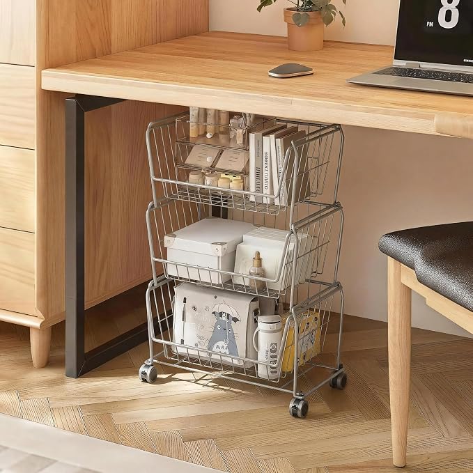 PUSDON 4-Tier Large Stackable Wire Storage Baskets with Wheels, Metal Rolling Utility Cart Organizer, Fruit and Vegetable Produce Basket for Kitchen Pantry, Bathroom Floor Shelf, Silver Grey