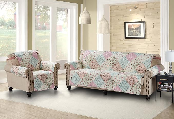 Brilliant Sunshine Pink & Green Roses Couch Recliner Cover, 28" seat | Quilted Sofa Cover, Living Room & Bedroom Furniture Protector, Large Washable Reclining Chair Slipcover for Pets, Dogs & Cats