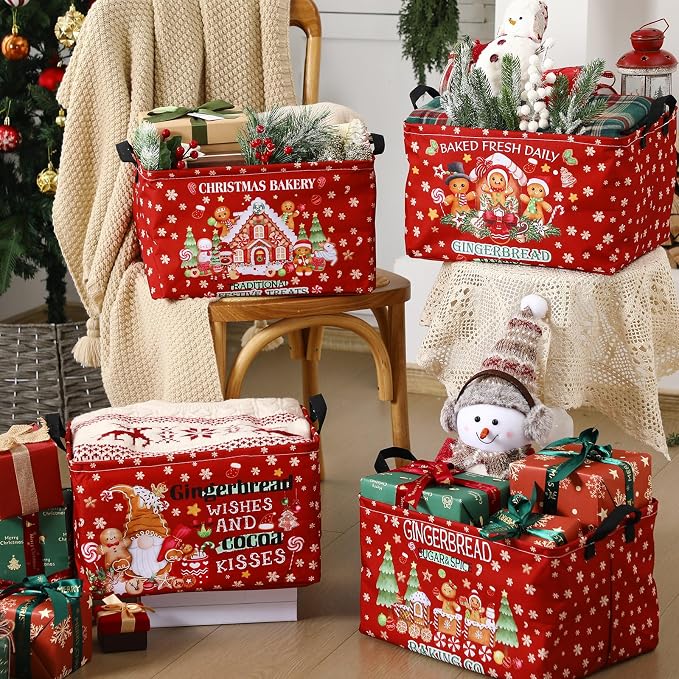 4 Pcs Christmas Storage Basket for Gifts Empty Large Gingerbread Man Storage Bins 15 x 10 x 8 Fabric Laundry Baskets with Handle Xmas Foldable Organizer Boxes for Office Home Cloth Toys Books