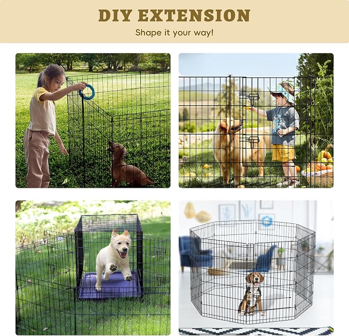 Foldable Dog Pen with 8 Panels & Door – 42 Inch Black Epoxy Coated Metal Exercise Pen, Play Space for Medium Large Dogs, Rabbits, Ducks & Other Small Animals
