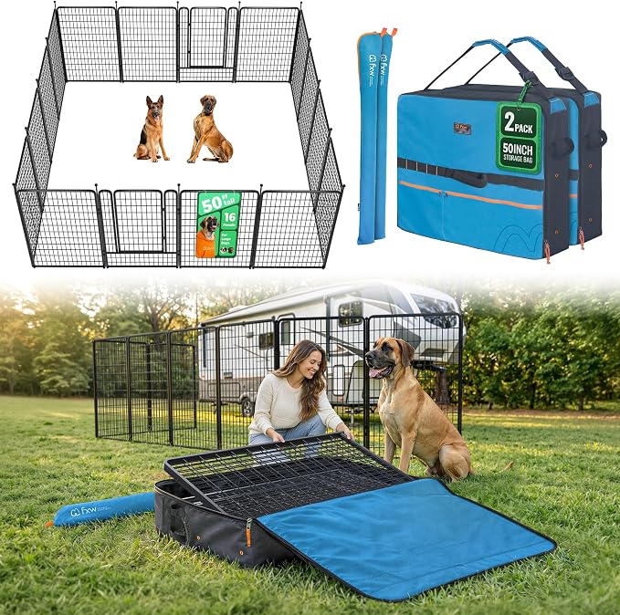 FXW Rollick Dog Playpen with Storage Bags, 50"H, 16 Panels | Heavy-Duty & Easy setup Play Area, 2 Bags for Easy Carry & Storage, for Ultra Large Dogs, Patented
