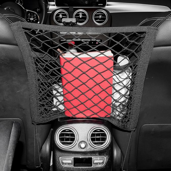 15.7×13.7" Mesh Car Organizer (3 Layers) | Between-Seat Storage Net with Pet Barrier, Holds Tissue, Purse & More – Fits SUV/Truck/Van