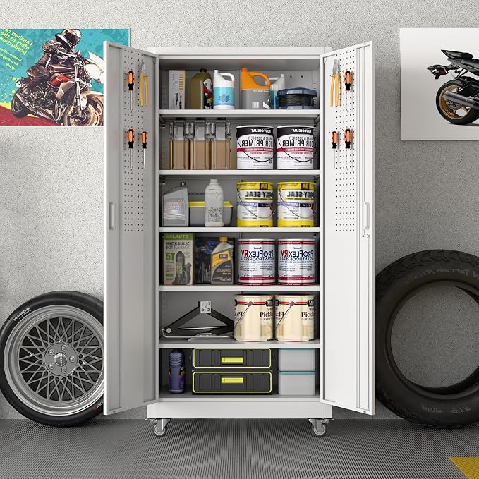 Upgraded Garage Storage Cabinets with Wheels,Metal Storage Cabinets with 5 Adjustable Shelves for Garage Home Office Storage,White,71''H*34''W*18''D,Assembly Required