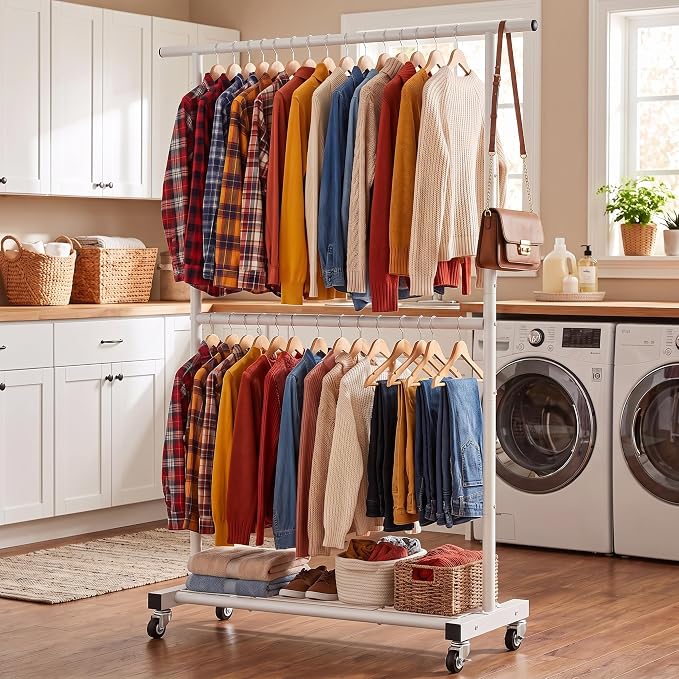 Sywhitta Double Rod Metal Clothing Rack on Wheels with Bottom Mesh,White | Rolling Garment Organizer, for Hanging Clothes,Coats,Easy to Assemble,Space-Saving,Mobile Organizer for Closet