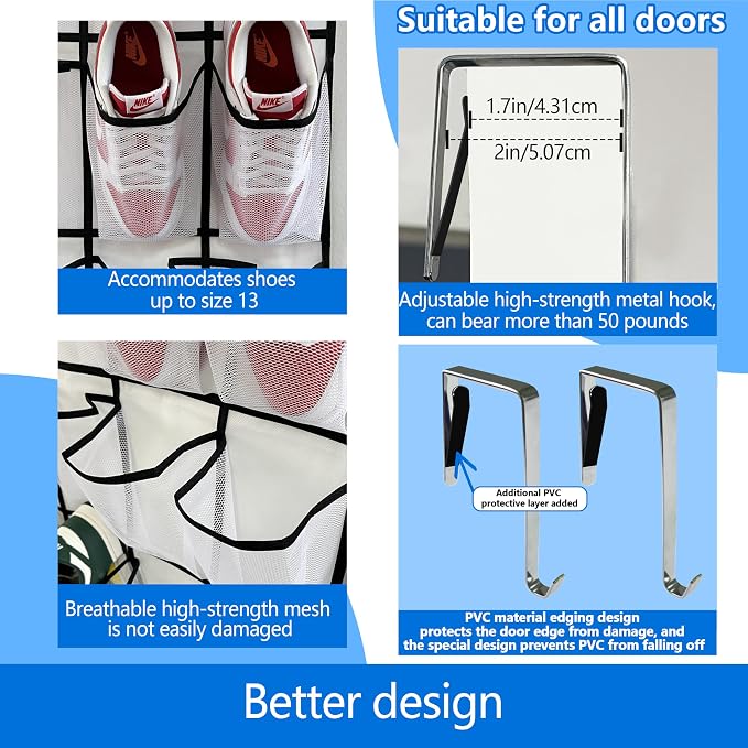 Over the Door Shoe Organizer, 2025 Upgrade 35 Large Pockets for Shoe Storage, Hanging Shoe Holder with Metal Hook, Clear Shoe Rack for Closet Bathroom Door Space Saving - White/Black