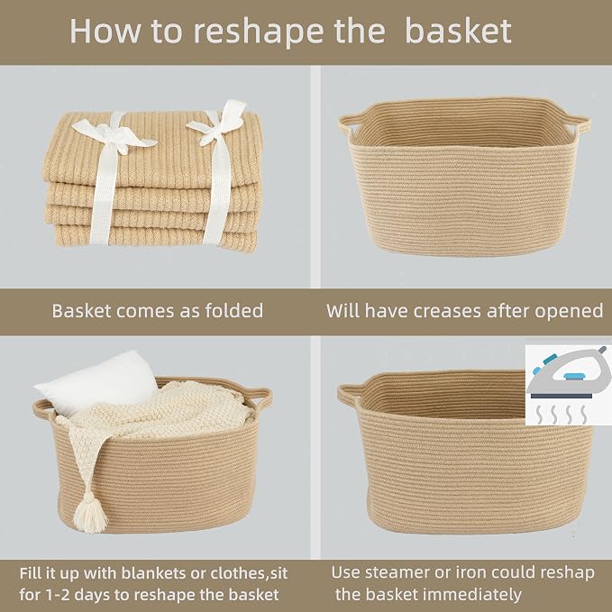 XUANGUO Large Rectangle Woven Jute Rope Storage Basket 22"x17"x12" | Storage basket for living room and nursery; blanket basket, dog toy storage, or laundry basket for clothes and towels.