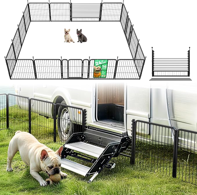 FXW Rollick Dog Playpen with RV Step Grid for RV Camping, 24" H, 16 Panels | Easy Setup & Sturdy, Blocks RV Stair Gaps, Fits RV Steps up to 30"W, For Puppies & Small Dogs, Patented