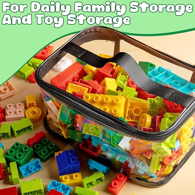 4 Packs Clear Toy Storage Bag, Waterproof PVC Toy Organized Bag with Zipper | 9"x 7"x 4" Transparent Toy Storage Organizer Pouch for Building Blocks Small Toys (Black)