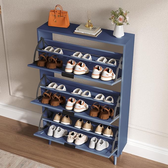 BORNOON Shoe Cabinet for Entryway with 3 Flip Drawers, Slim Wooden Shoe Storage Organizer with Modern Fluted Pannel，Freestanding Narrow Hidden Shoe Rack for Hallway, Foyer, Living Room