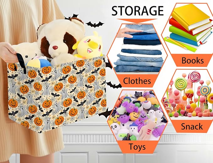 Large Halloween Themed Candy Gift Boo Basket for Kids Baby Personalized Adults Storage Bin Fall Decor(Boo Bat Pumpkin Spooky)