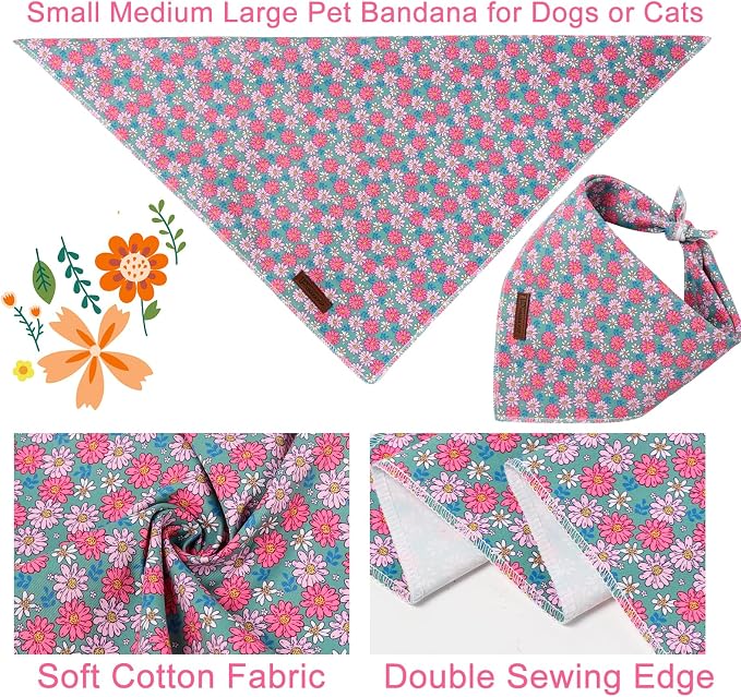 Summer Dog Bandana, UP URARA PUP Chamomile Triangle Bid Scarf for Medium Large Dogs, Cotton Kerchief for Girl Boy Puppies, Cute Spring FloralBandana,S