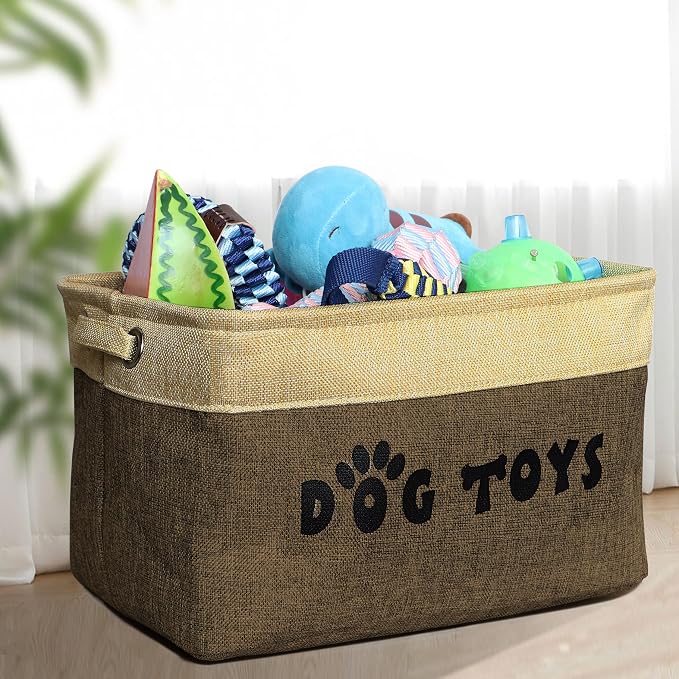 PET ARTIST Dog Toy Basket, Large Collapsible, Brown, M: 15"x11"x9" | Dog Toy Bin Box, Comfortable Handles, Large Pet Toy Storage Organizer, For Accessories, Toys, Coat & Clothing, Blanket Leash