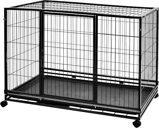 Amazon Basics - Portable Heavy Duty Stackable Dog Pet Kennel with Tray, Black, 48.2" L x 37.8" W x 42.5" H