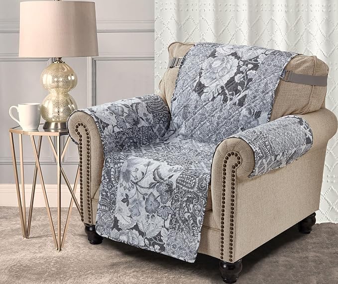 Brilliant Sunshine Multi Grey Flowers Couch Armchair Cover, 23" seat | Quilted Sofa Cover, Living Room & Bedroom Furniture Protector, Washable Chair Slipcover for Pets, Dogs & Cats