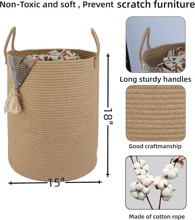 XUANGUO Laundry Basket Laundry Hamper for Clothes Jute Large | Woven Storage Basket for Living Room Bedroom Boho Tall Rope Baskets for Blanket Toys Pillow Towels Baby Nursery Hamper Bin