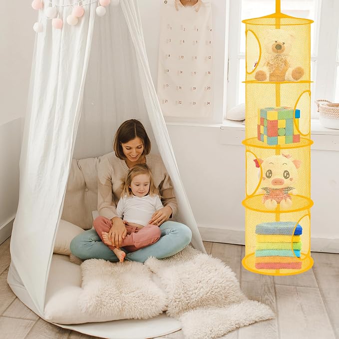 2Pcs Hanging Stuffed Animal Storage Hammock 4 Tiers, Yellow | Hanging Mesh Storage Organizer for Kids Room, Holds Plushies, Gloves, Hats, Socks, Foldable Space-saving Design