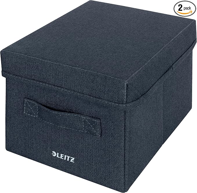 Leitz Fabric Storage Box with Lid, Set of 2 Cube Storage Unit Boxes, Foldable Fabric Ottoman Storage Organiser Box, Velvet Grey, Small, 61460089