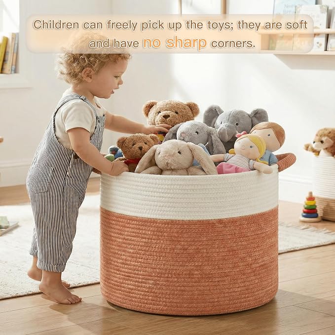 Artfeel 40L Large Cotton Rope Basket, Decorative Woven Blanket Storage for Living Room, Boho Toy Storage & Toy Box for Kids, Versatile Laundry Basket & Nursery Hamper for Blankets(Orange)