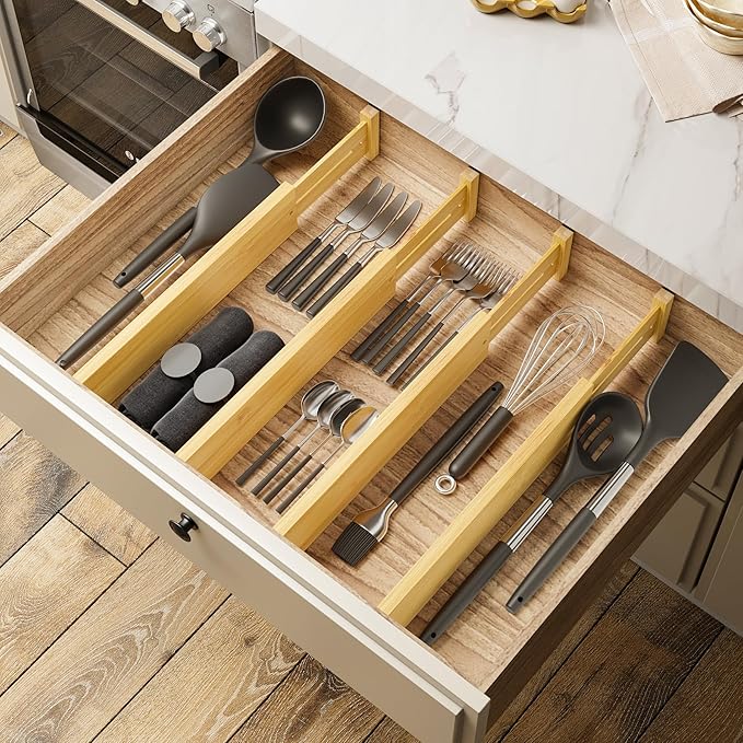 BAMEOS Bamboo Expandable Drawer Dividers – Fits 13.3"–19" Drawers, 3" Deep Walls, Set of 4 | Spring-Loaded Separator for Deep Kitchen & Bathroom Drawers, Prevents Items Falling Over