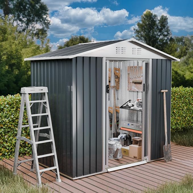 Outdoor Sheds 6FT x 4FT Outdoor Storage, Metal Anti-Corrosion Utility Tool House with Lockable Door & Shutter Vents，Outdoor Waterproof Garden Tool Metal Storage Sheds