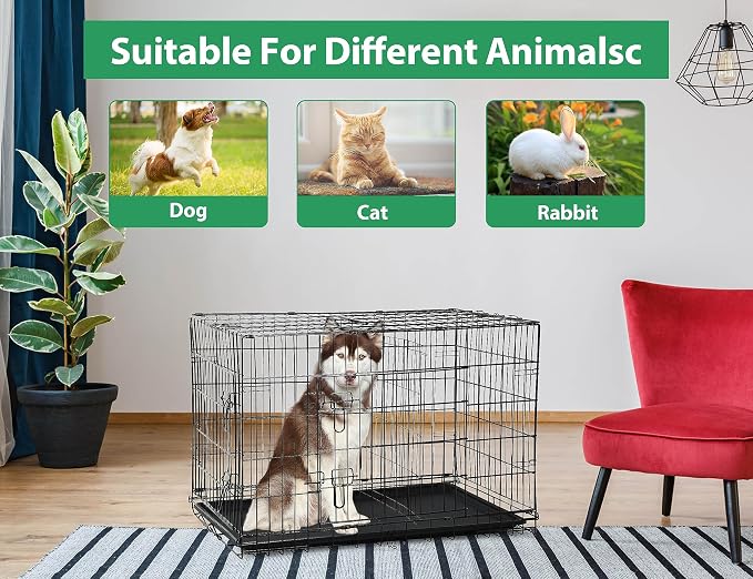 Foldable Dog Cage - 42 Inch Kennel, Double Door w/Leak-Proof Tray, Collapsible Metal Cage for Medium Dogs, Indoor Use