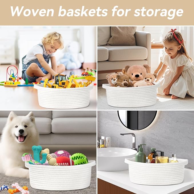 Pro Goleem Small Woven Basket with Gift Bags and Ribbons Durable Baskets for Gifts Empty Small Rope Basket for Storage 12"X 8" X 5" Baby Toy Bin with Handles, White