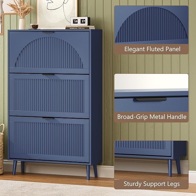 BORNOON Shoe Cabinet for Entryway with 3 Flip Drawers, Slim Wooden Shoe Storage Organizer with Modern Fluted Pannel，Freestanding Narrow Hidden Shoe Rack for Hallway, Foyer, Living Room