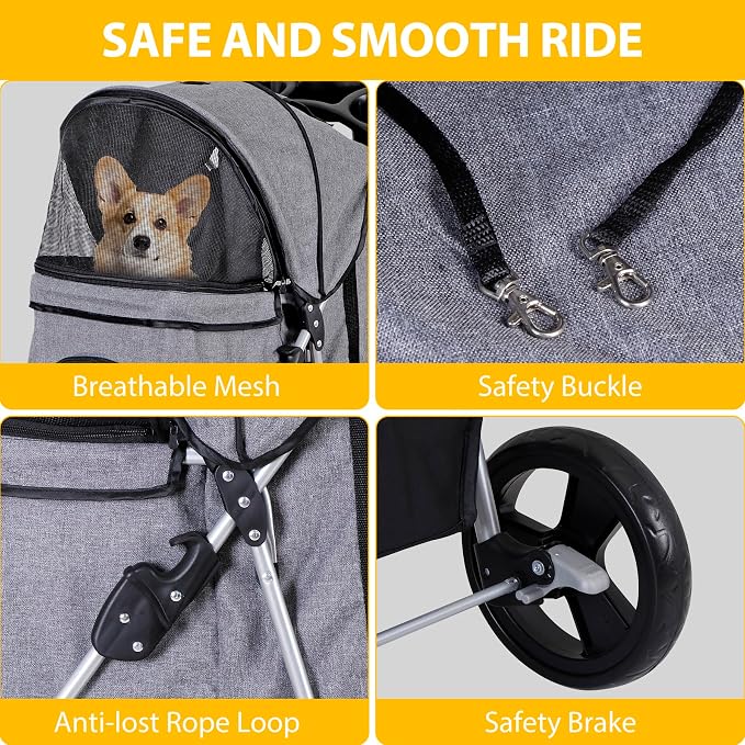 4 Wheels Dog Stroller Folding Pet Strolling Cart for Small Medium Cats Puppies Portable Jogger Travel Camping Puppy Carrier with Storage Basket Cup Holder, Gray