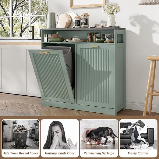 Pet-Proof Double 13 Gallon Tilt Out Trash Can Cabinet with Open Storage – Hide Garbage & Recycling Bins to Keep Your Kitchen Clean and Organized,Green