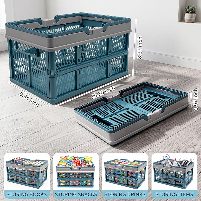 VALESKA Collapsible Crate 20L, Plastic Milk Crates for Storage, Foldable Collapsible Shopping Basket with Handles,Car Trunk Basket,for Kitchen（Deepblue）