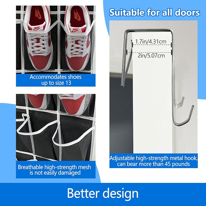 Over the Door Shoe Organizer, 2025 Upgrade 35 Large Pockets for Shoe Storage, Hanging Shoe Holder with Metal Hook, Clear Shoe Rack for Closet Bathroom Door Space Saving - Black/White