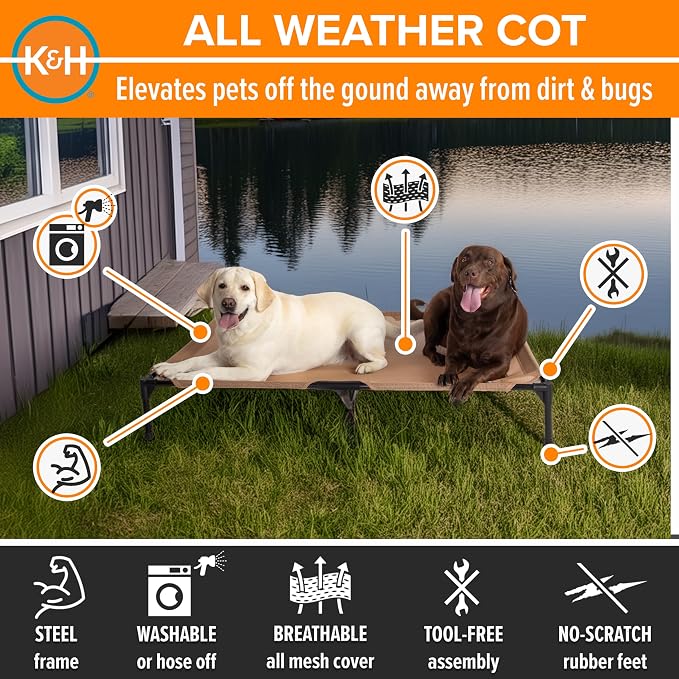 K&H Outdoor Elevated Dog Bed, Cooling Raised Dog Bed, Jumbo 56x38in, Tan | Pet Cot for Extra Large & Giant Pets, Breathable Mesh 360 Hammock Design, Indoor/Outdoor Washable Cover, Portable Metal Frame