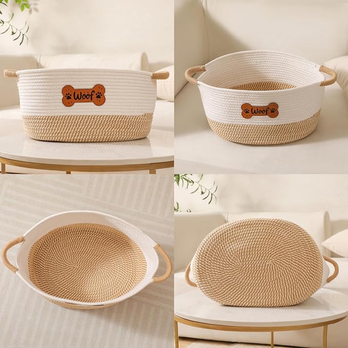 Dog Toy Basket, Dog Toy Box Organizer Baskets, Woven Cotton Rope Pet Puppy Dogs Toy Bin With Handle, Chew Toys Blankets Leashes Storage Baskets for All Pets - Puppies to Large 14" L x 10.2" W x H 7.9"