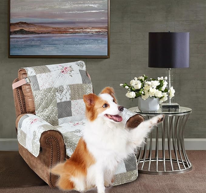 Brilliant Sunshine Pink Rose & Grey Toile Couch Recliner Cover, 26" seat | Quilted Sofa Cover, Living Room & Bedroom Furniture Protector, Washable Reclining Chair Slipcover for Pets, Dogs & Cats