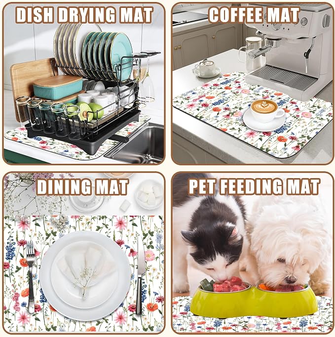 Watercolor Flowers Coffee Mat Absorbent Dish Drying Mat for Kitchen Counter Hide Stain Rubber Backed Coffee Bar Accessories Fit Under Espresso Machine Dish Rack 11.8 x 19.7 Inch