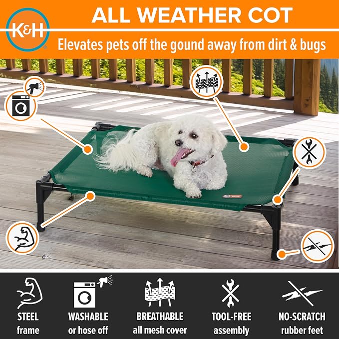 K&H Outdoor Elevated Dog Bed, Cooling Raised Dog Bed, Medium 32x25in, Green | Pet Cot for Small & Medium Pets, Breathable Mesh 360 Hammock Design, Indoor/Outdoor Washable Cover, Portable Metal Frame