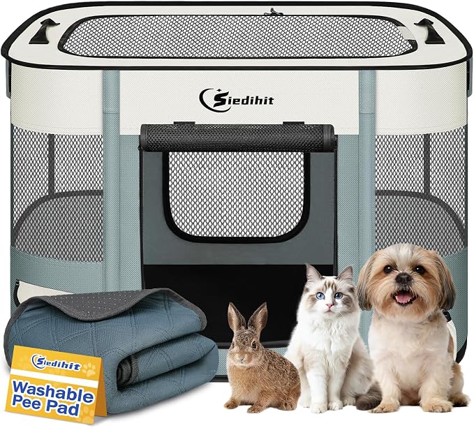 Siedihit 28" Dog Playpen,Cat Puppy Pen, Pet Portable Crate Indoor Outdoor | Durable Travel Camping Use,Foldable Dog Kennel Tent Cage for Rabbit Small Animals with Carrying Case(Grey with Pad, Small)