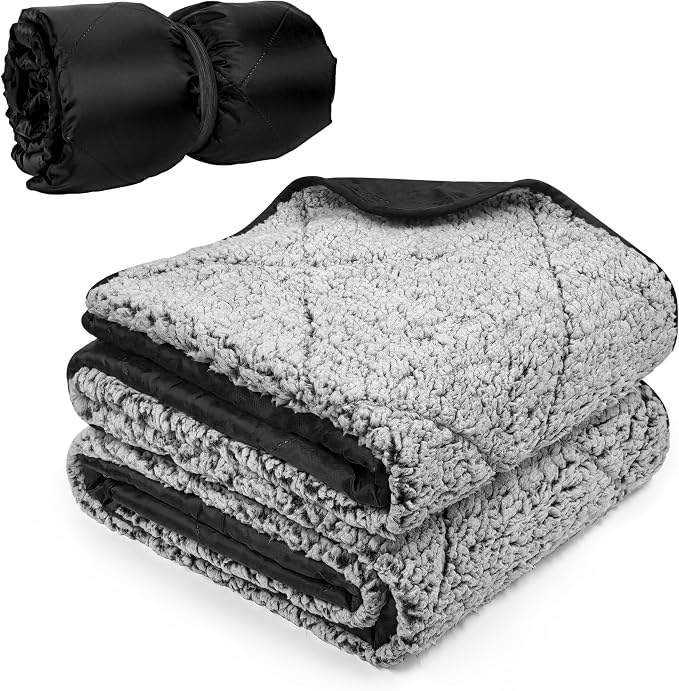 Tirrinia Waterproof Outdoor Blanket with Sherpa Lining, Windproof Foldable