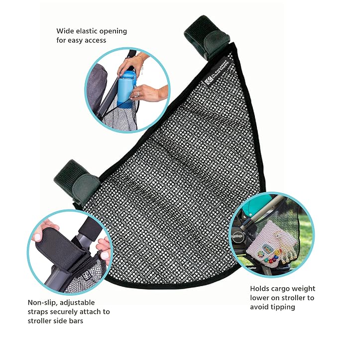 J.L. Childress Universal Side Sling Stroller Organizer & Caddy, Black | Stroller cargo net attachment adds easy-access storage for baby essentials to any stroller with secure, non-slip straps